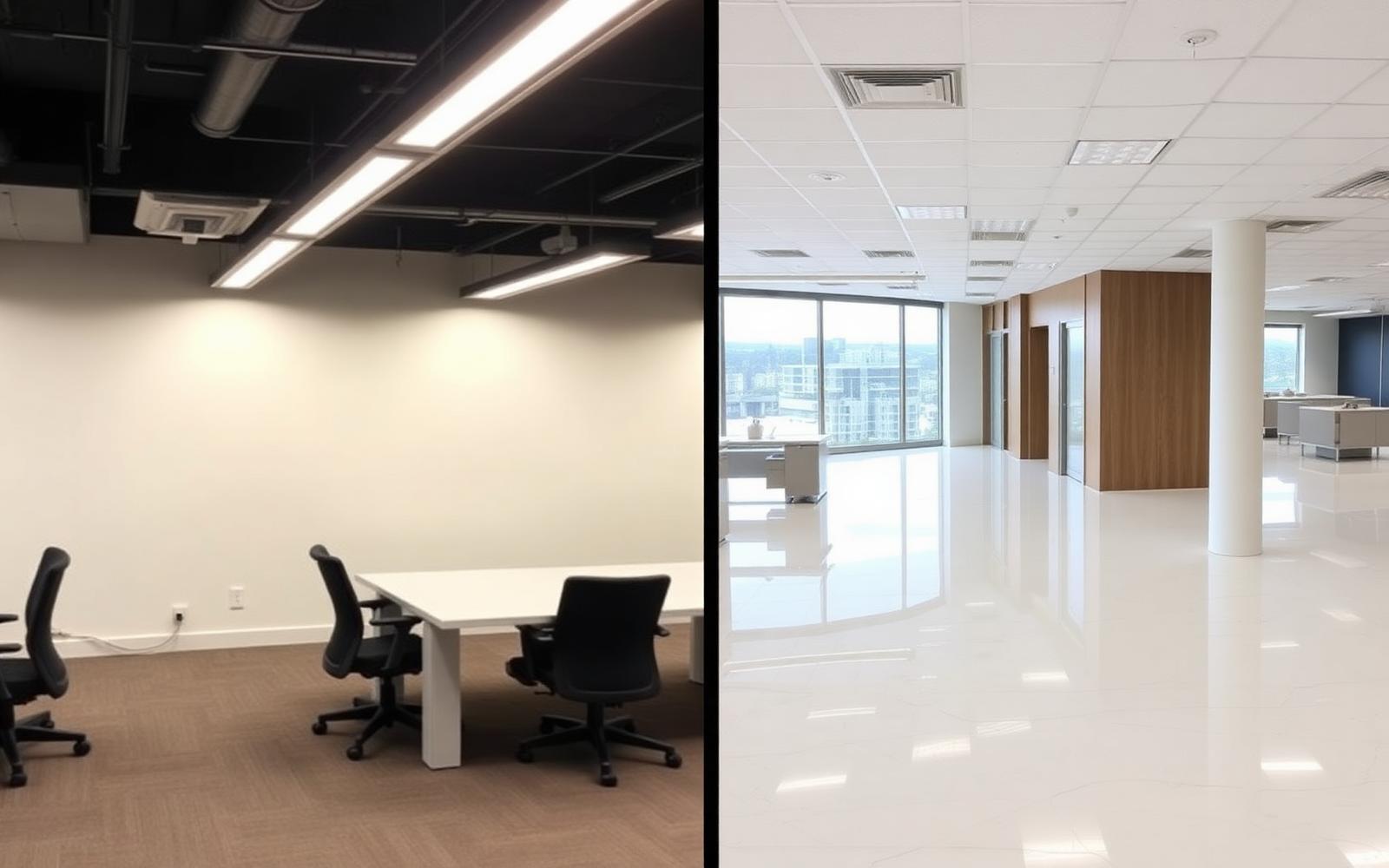 Before and after commercial porcelain flooring installation in a South Florida office
