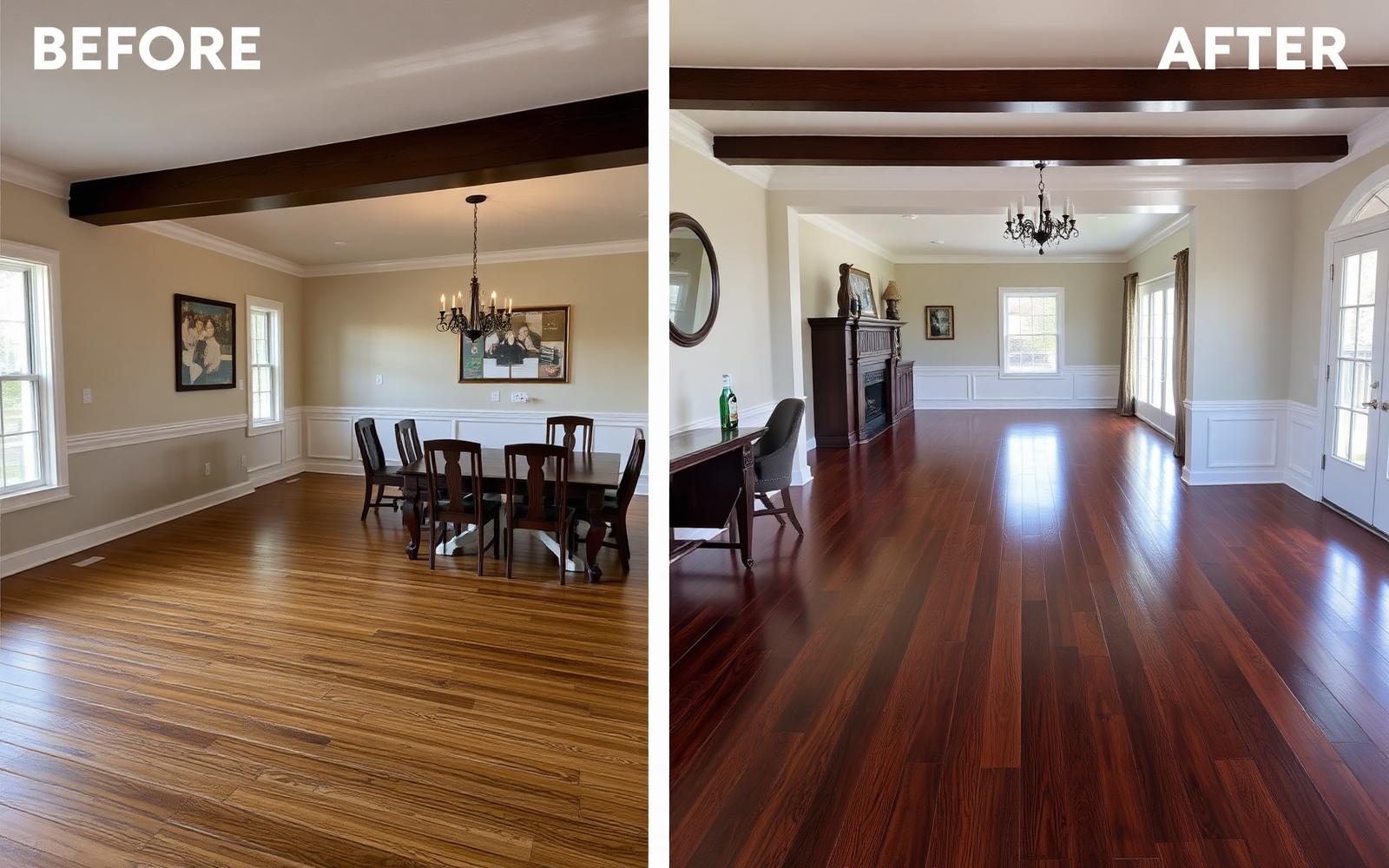 Before and after engineered hardwood flooring installation in dining room