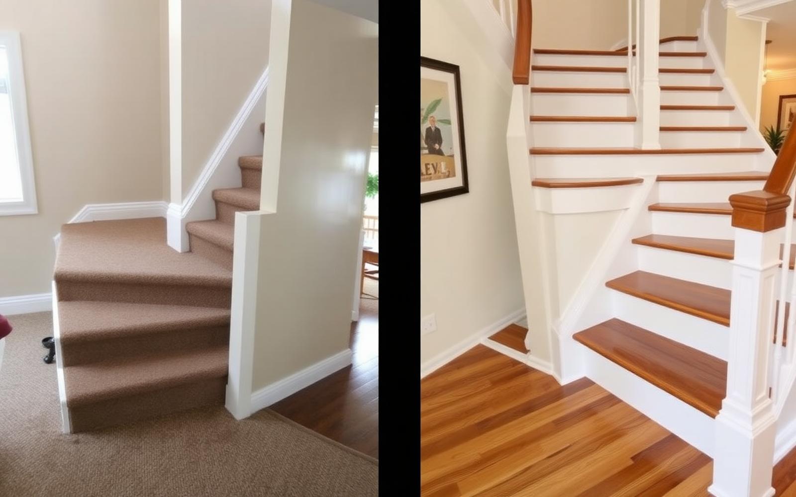 Before and after hardwood stair flooring installation in South Florida