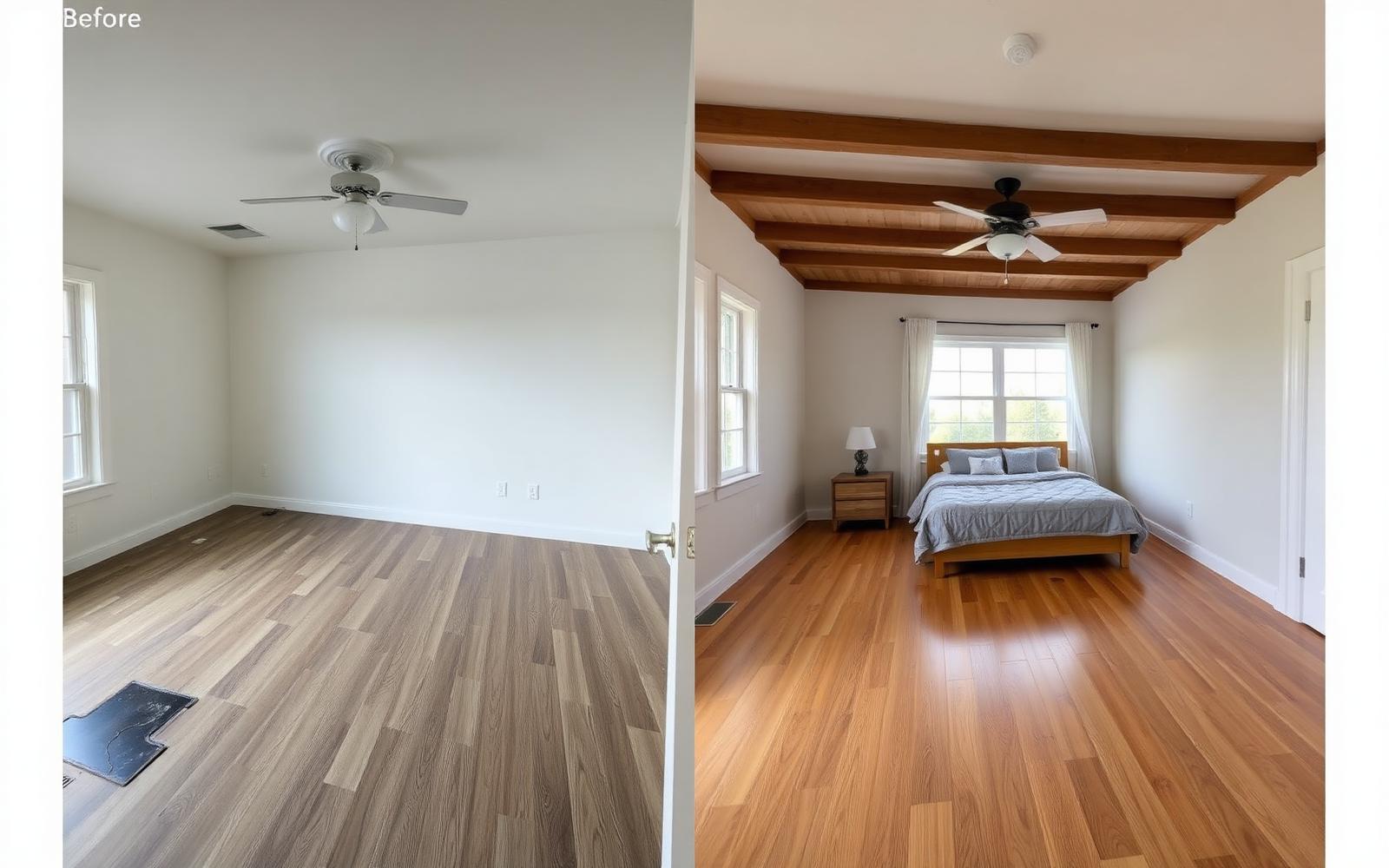 Before and after laminate flooring installation in a South Florida bedroom