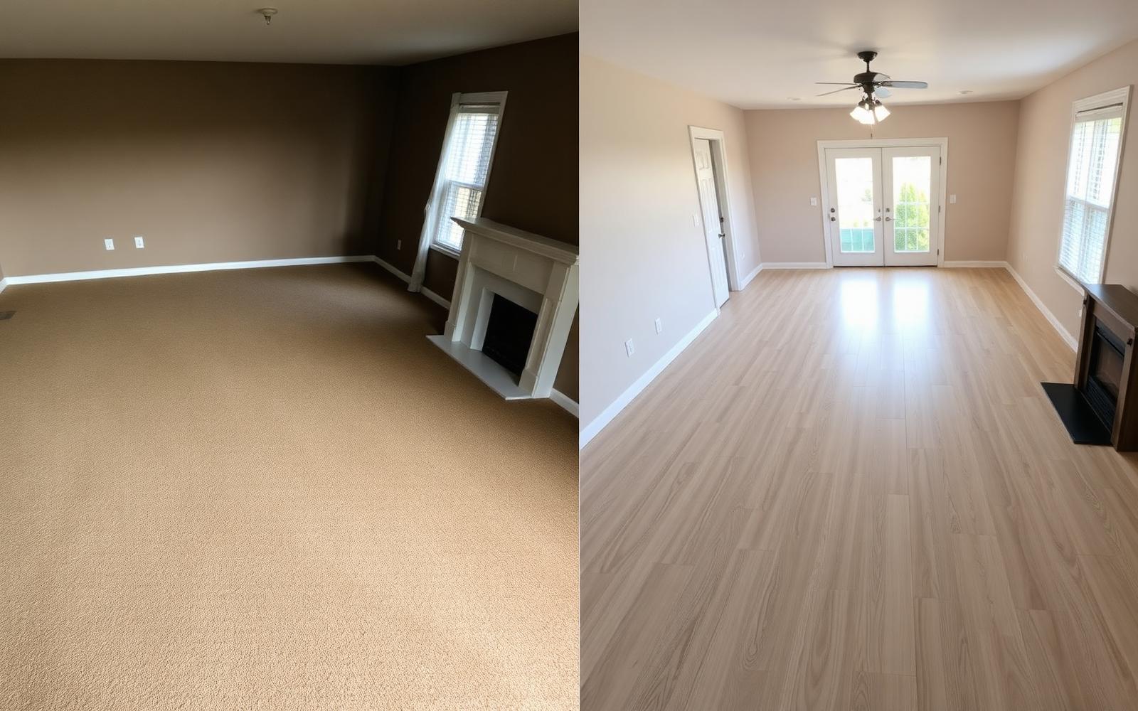 Before and after luxury vinyl plank flooring installation in South Florida living room