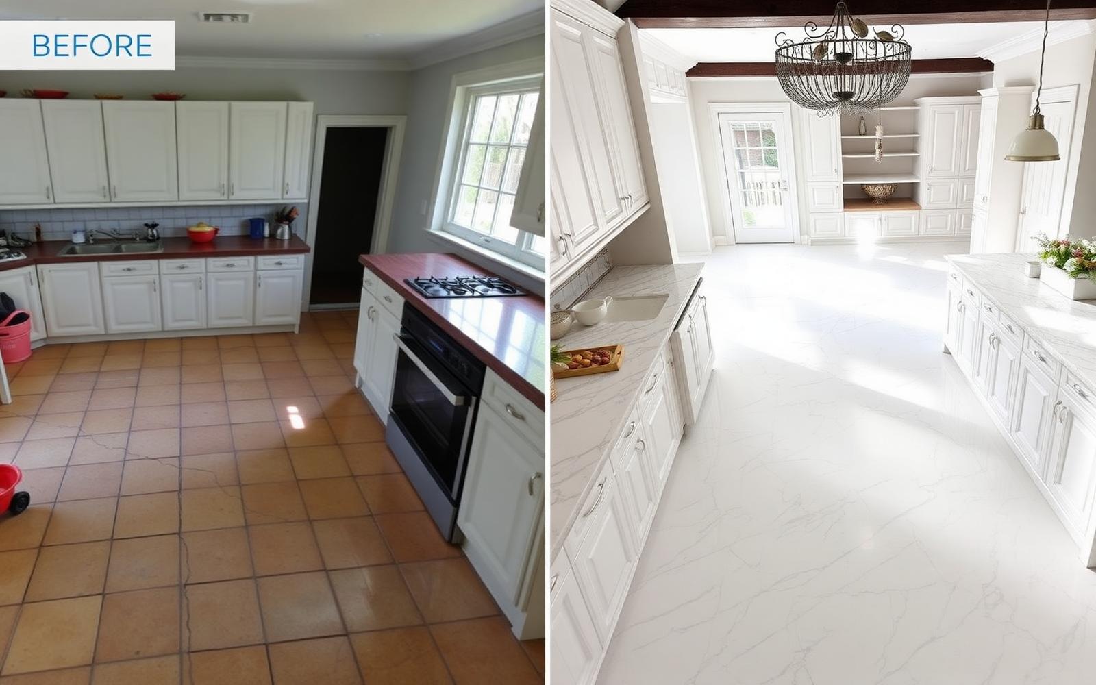 Before and after marble flooring installation in Miami kitchen