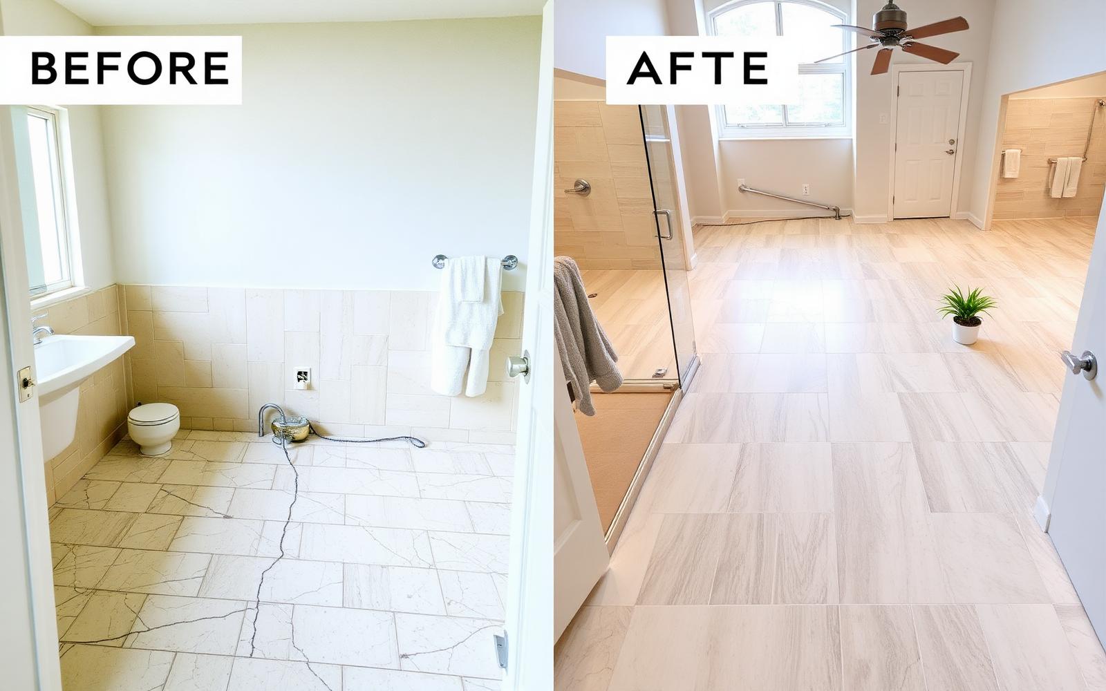 Before and after porcelain tile flooring installation in Fort Lauderdale bathroom
