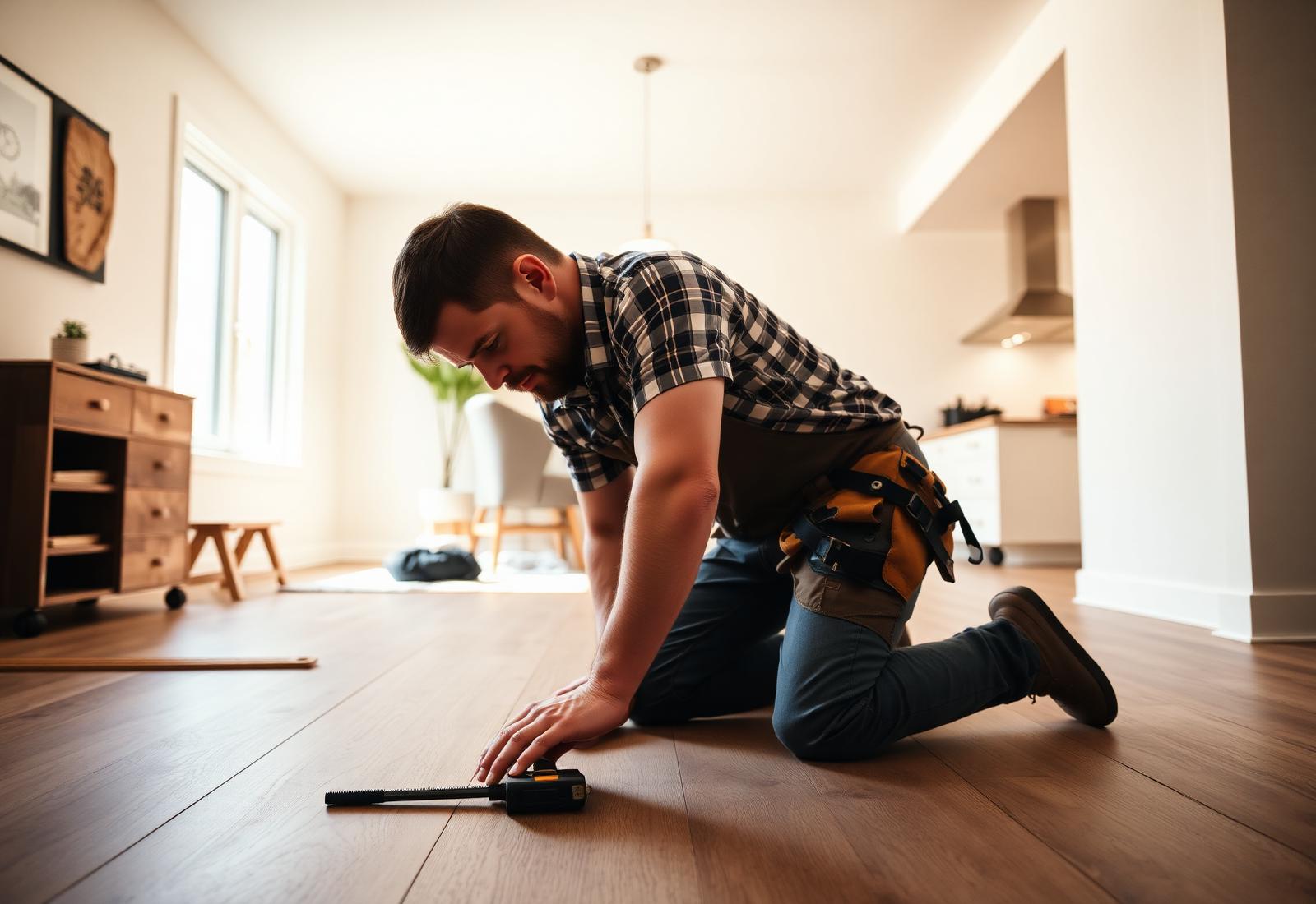 Professional flooring installer working on luxury vinyl plank installation in South Florida home